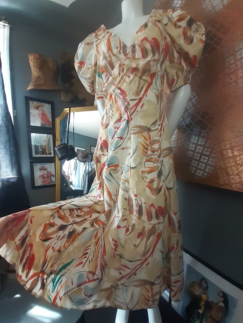 Zara Beige Maxi Dress with Red Orange Green Abstract Print